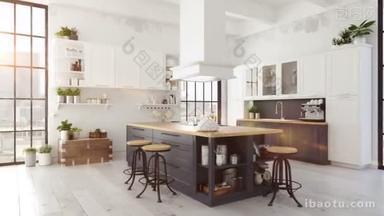 阁楼<strong>公寓</strong>里的现代北欧厨房。3D渲染